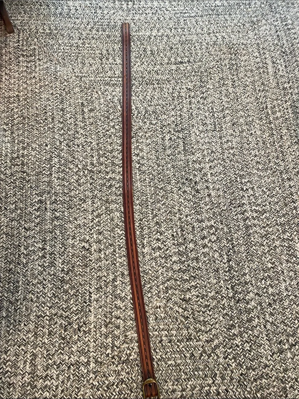 Vintage brown tooled leather belt 47” long 1.5” wide brass